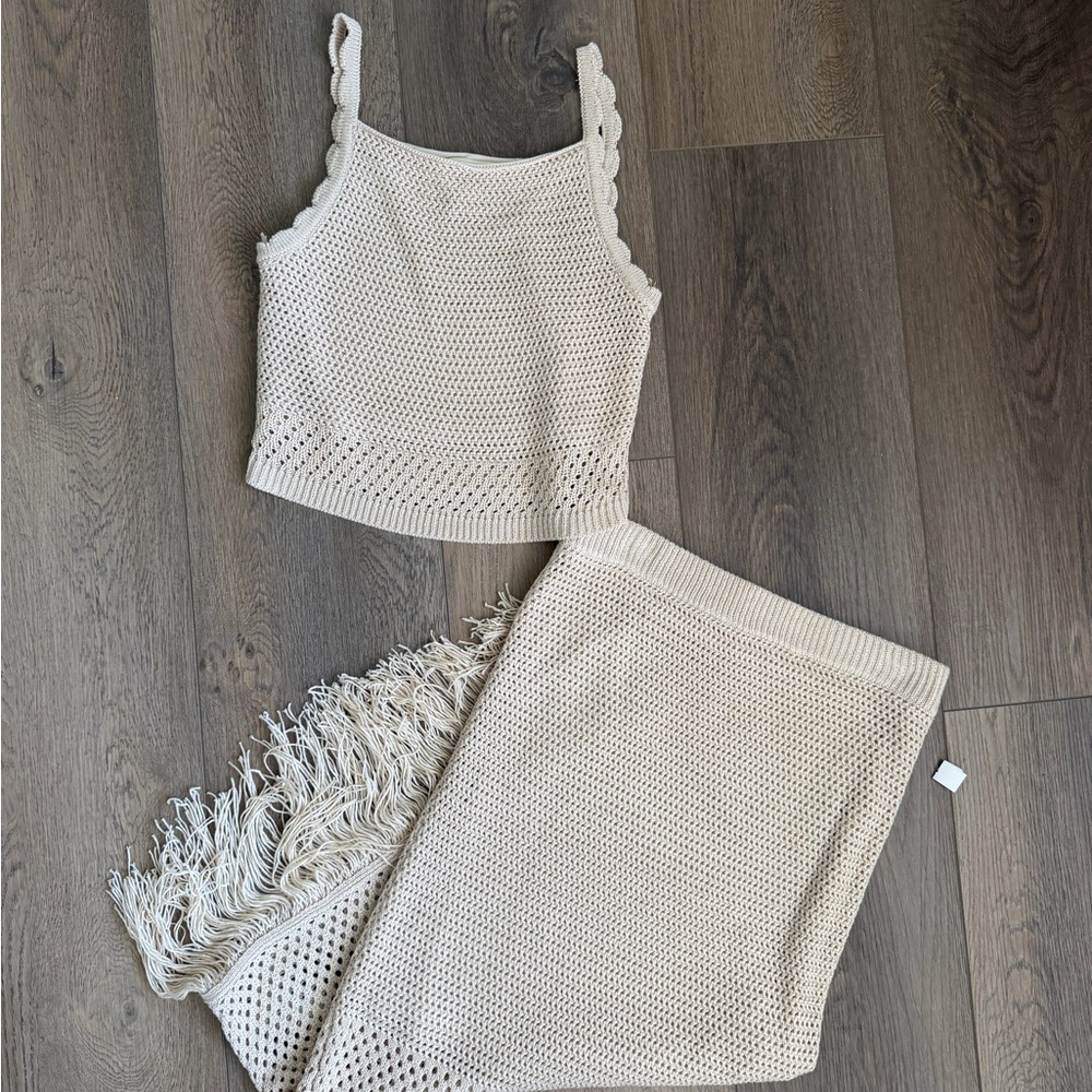 House of Harlow Beige Crochet Top and Skirt